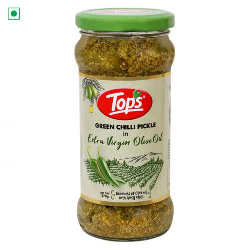 Tops Olive Oil Green Chilli Pickle - 370g. Glass Jar